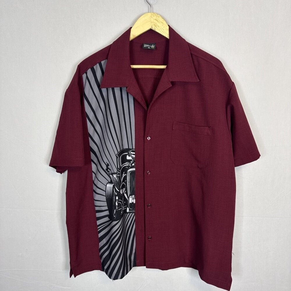 Steady Clothing USA Rockabilly Hot Rod Panel Shirt Burgundy‎ Men’s XL